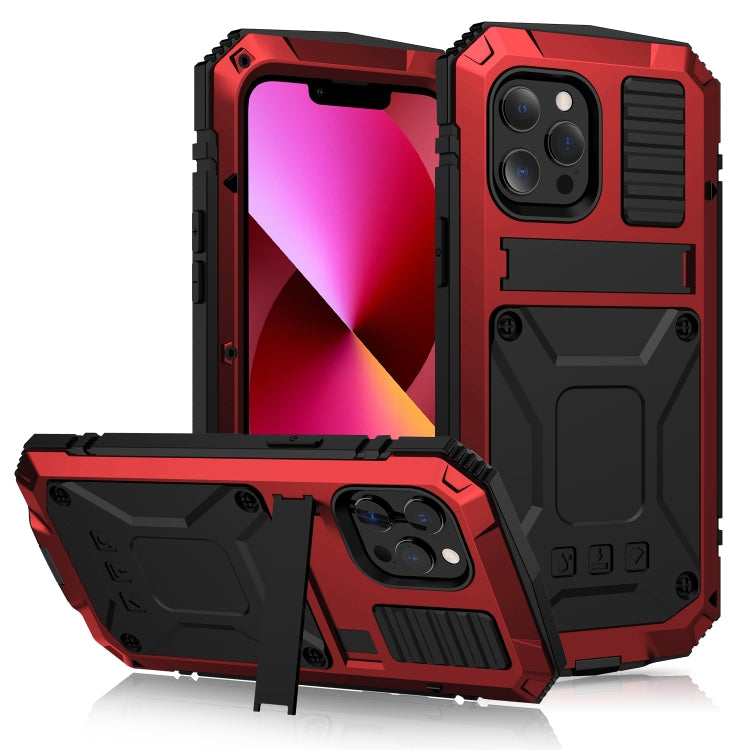For iPhone 13 R-JUST Shockproof Water-resistant Dust-proof Metal + Silicone Protective Case with Holder(Red)