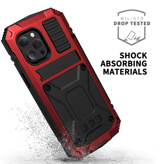 For iPhone 13 R-JUST Shockproof Water-resistant Dust-proof Metal + Silicone Protective Case with Holder(Red)