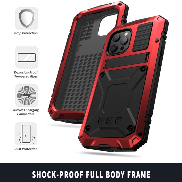 For iPhone 13 R-JUST Shockproof Water-resistant Dust-proof Metal + Silicone Protective Case with Holder(Red)