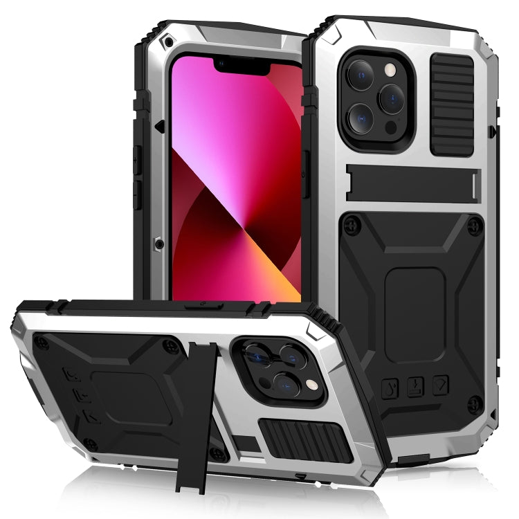 For iPhone 13 R-JUST Shockproof Water-resistant Dust-proof Metal + Silicone Protective Case with Holder(Silver)
