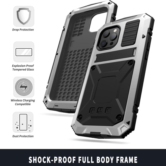 For iPhone 13 R-JUST Shockproof Water-resistant Dust-proof Metal + Silicone Protective Case with Holder(Silver)