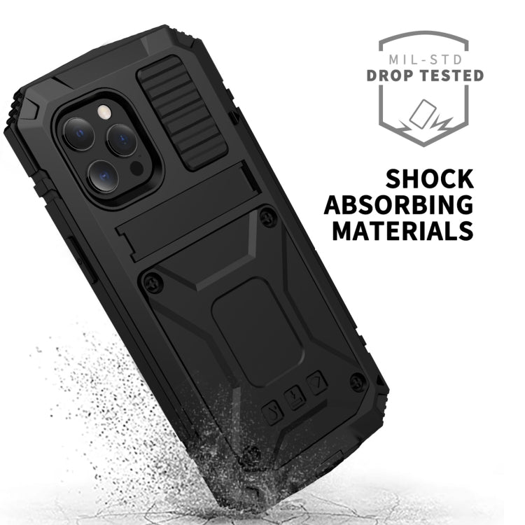 For iPhone 13 Pro R-JUST Shockproof Water-resistant Dust-proof Metal + Silicone Protective Case with Holder (Black)