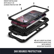 For iPhone 13 Pro R-JUST Shockproof Water-resistant Dust-proof Metal + Silicone Protective Case with Holder (Black)
