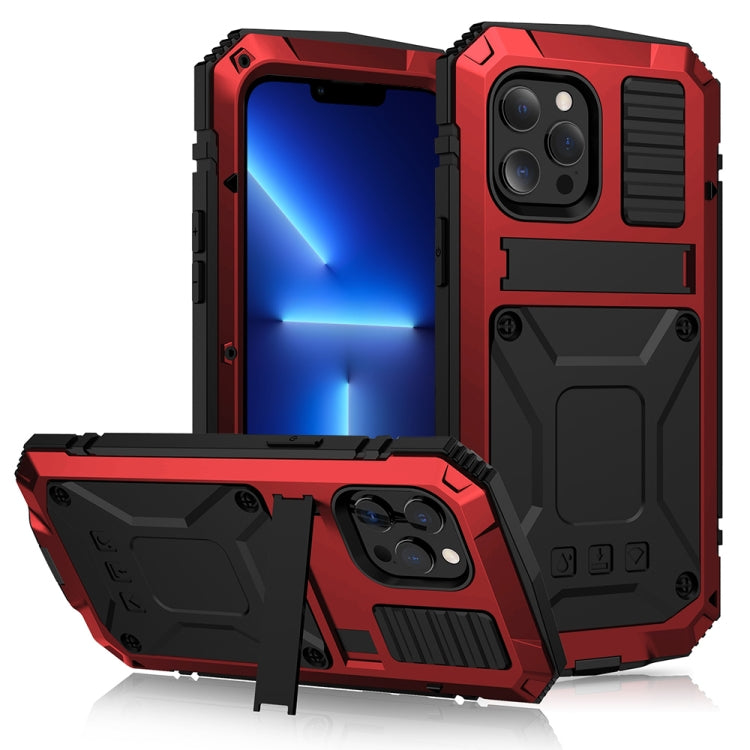 For iPhone 13 Pro R-JUST Shockproof Water-resistant Dust-proof Metal + Silicone Protective Case with Holder (Red)