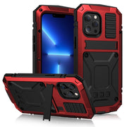 For iPhone 13 Pro R-JUST Shockproof Water-resistant Dust-proof Metal + Silicone Protective Case with Holder (Red)