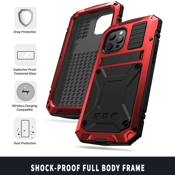 For iPhone 13 Pro R-JUST Shockproof Water-resistant Dust-proof Metal + Silicone Protective Case with Holder (Red)
