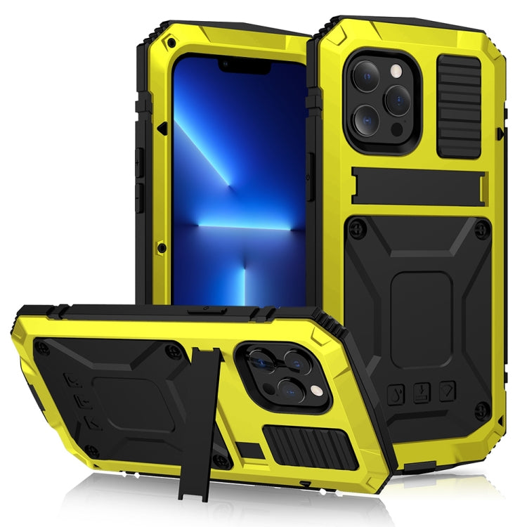 For iPhone 13 Pro R-JUST Shockproof Water-resistant Dust-proof Metal + Silicone Protective Case with Holder (Yellow)