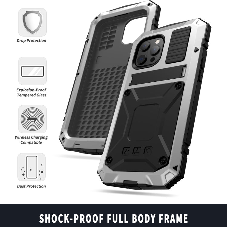 For iPhone 13 Pro R-JUST Shockproof Water-resistant Dust-proof Metal + Silicone Protective Case with Holder (Silver)