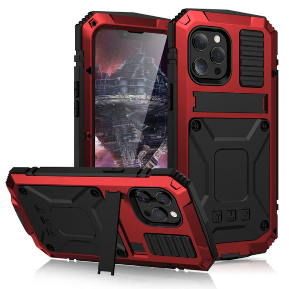 For iPhone 13 Pro Max R-JUST Shockproof Water-resistant Dust-proof Metal + Silicone Protective Case with Holder (Red)