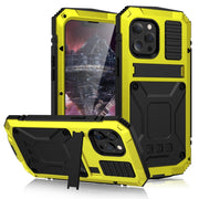 For iPhone 13 Pro Max R-JUST Shockproof Water-resistant Dust-proof Metal + Silicone Protective Case with Holder (Yellow)