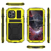 For iPhone 13 Pro Max R-JUST Shockproof Water-resistant Dust-proof Metal + Silicone Protective Case with Holder (Yellow)