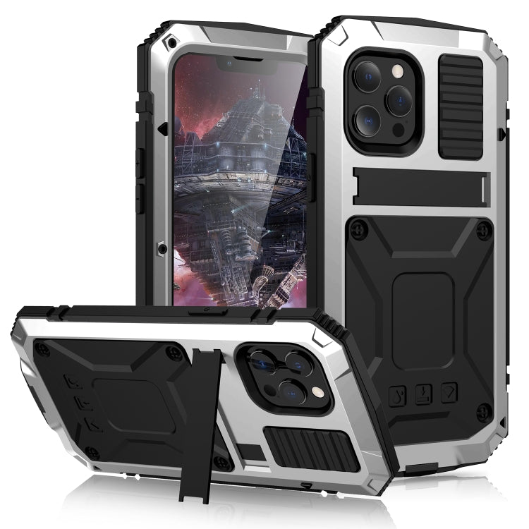 For iPhone 13 Pro Max R-JUST Shockproof Water-resistant Dust-proof Metal + Silicone Protective Case with Holder (Silver)