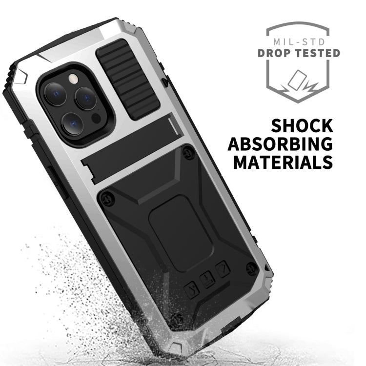 For iPhone 13 Pro Max R-JUST Shockproof Water-resistant Dust-proof Metal + Silicone Protective Case with Holder (Silver)
