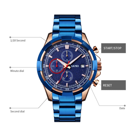 SKMEI 9192 Men Calendar Timing Stainless Steel Belt Luminous Quartz Watch(Blue)