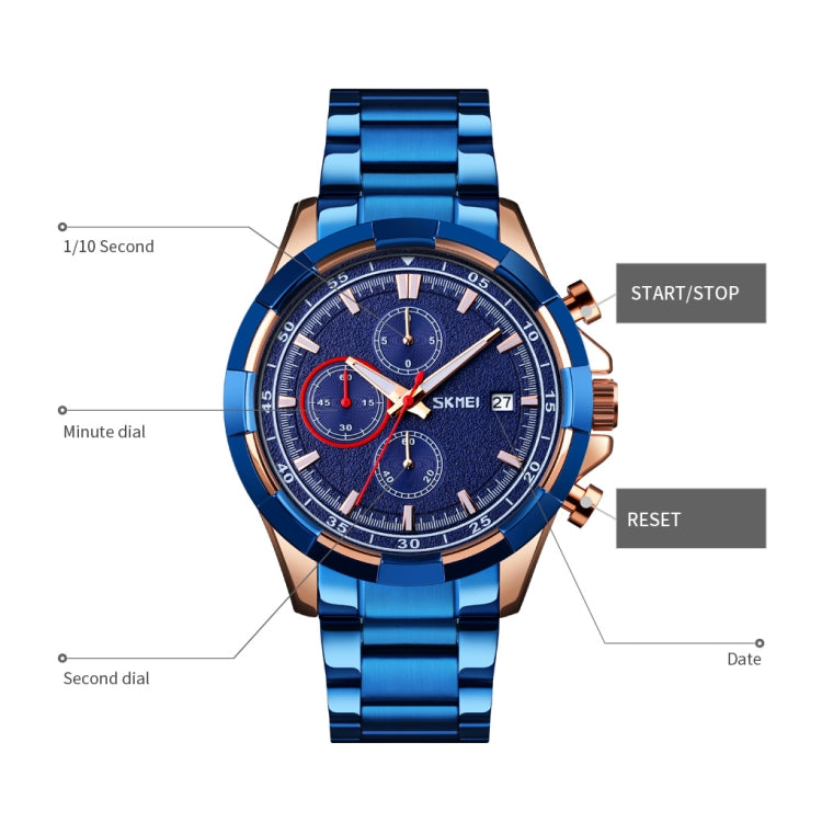 SKMEI 9192 Men Calendar Timing Stainless Steel Belt Luminous Quartz Watch(Silver Black)