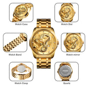 SKMEI 9193 Men Golden Dragon Pattern Calendar Dial Luminous Quartz Watch(Gold Black)