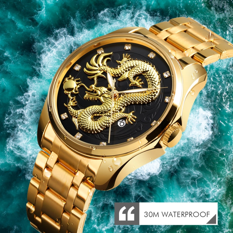 SKMEI 9193 Men Golden Dragon Pattern Calendar Dial Luminous Quartz Watch(Silver Black)