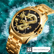 SKMEI 9193 Men Golden Dragon Pattern Calendar Dial Luminous Quartz Watch(Silver Black)
