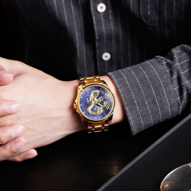 SKMEI 9193 Men Golden Dragon Pattern Calendar Dial Luminous Quartz Watch(Silver Black)
