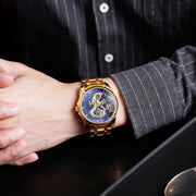 SKMEI 9193 Men Golden Dragon Pattern Calendar Dial Luminous Quartz Watch(Silver Gold)