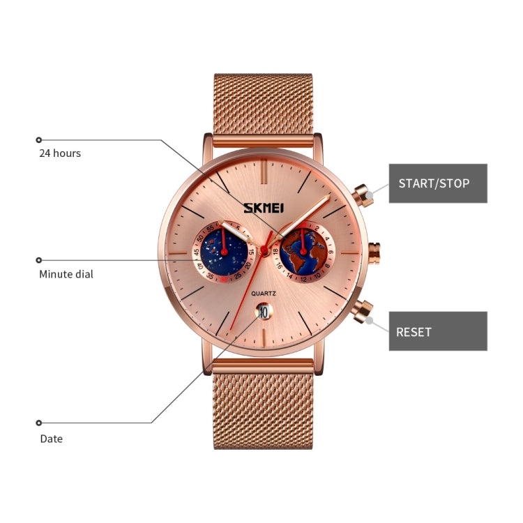 SKMEI 9231 Men Map Pattern Calendar Stopwatch Stainless Steel Strap Quartz Watch(Rose Gold)