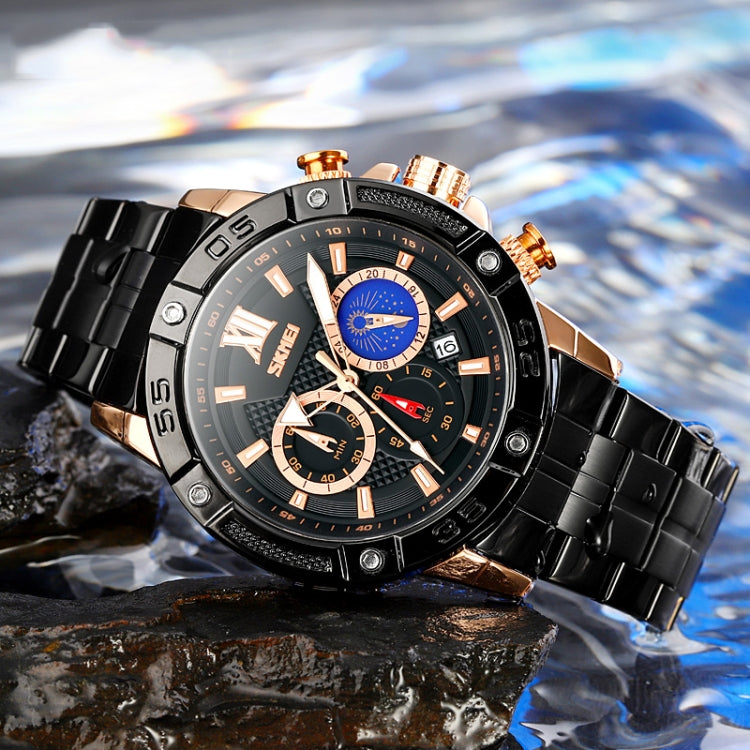 SKMEI 9235 Men Moonphase Stopwatch Stainless Steel Strap Quartz Watch(Black Blue)