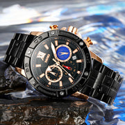 SKMEI 9235 Men Moonphase Stopwatch Stainless Steel Strap Quartz Watch(Black Blue)