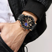 SKMEI 9235 Men Moonphase Stopwatch Stainless Steel Strap Quartz Watch(Black)