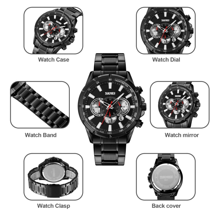 SKMEI 9241 Men Calendar Stopwatch Stainless Steel Strap Quartz Watch(Black)