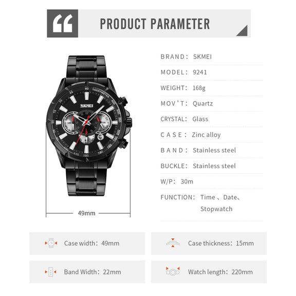 SKMEI 9241 Men Calendar Stopwatch Stainless Steel Strap Quartz Watch(Silver)