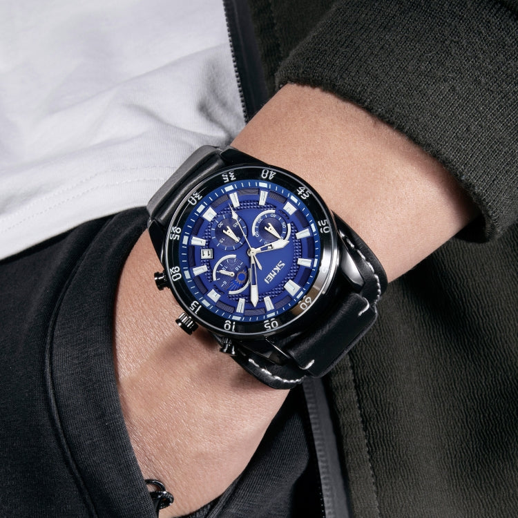 SKMEI 9249 Men Moonphase Calendar Stopwatch Leather Strap Quartz Watch(Black Blue)