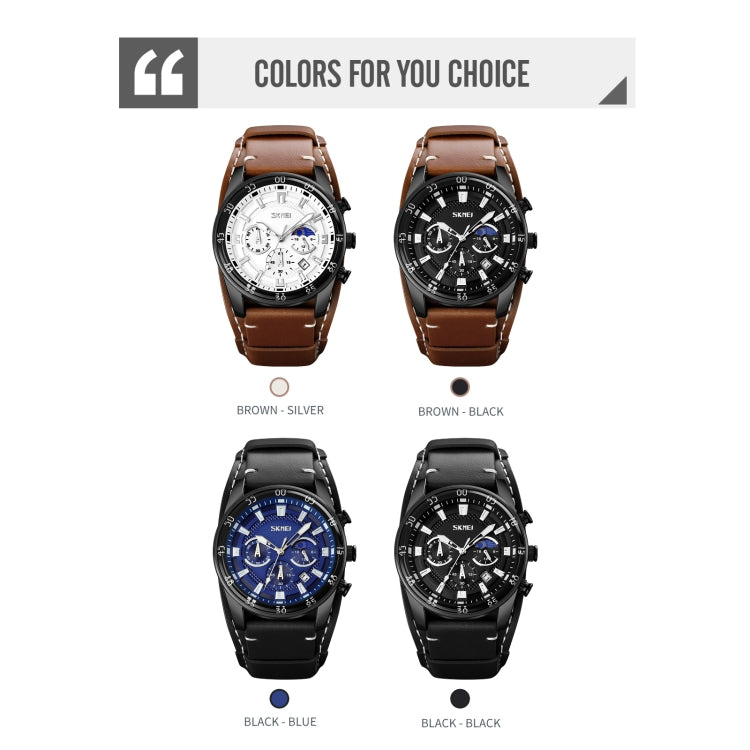 SKMEI 9249 Men Moonphase Calendar Stopwatch Leather Strap Quartz Watch(Black Blue)