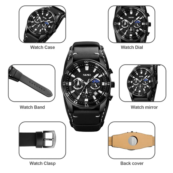 SKMEI 9249 Men Moonphase Calendar Stopwatch Leather Strap Quartz Watch(Black)