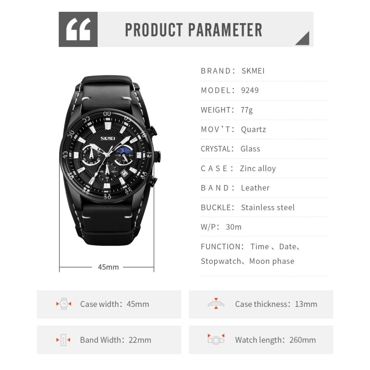 SKMEI 9249 Men Moonphase Calendar Stopwatch Leather Strap Quartz Watch(Black Blue)