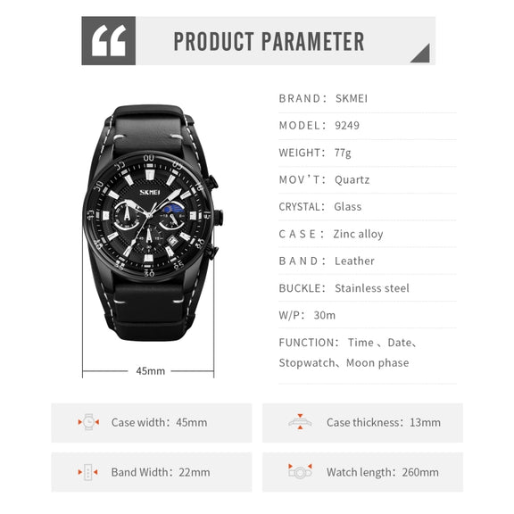 SKMEI 9249 Men Moonphase Calendar Stopwatch Leather Strap Quartz Watch(Black Blue)
