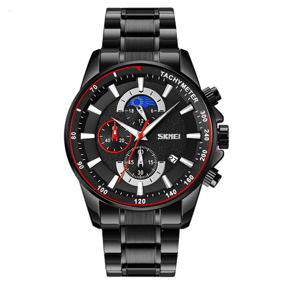 SKMEI 9250 Men Moonphase Stopwatch Date Six Pin Stainless Steel Strap Quartz Watch(Black)