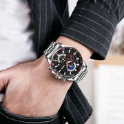 SKMEI 9250 Men Moonphase Stopwatch Date Six Pin Stainless Steel Strap Quartz Watch(Black)
