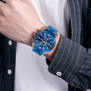 SKMEI 9253 Men Stopwatch Date Six Pin Stainless Steel Strap Quartz Watch(Silver Blue)