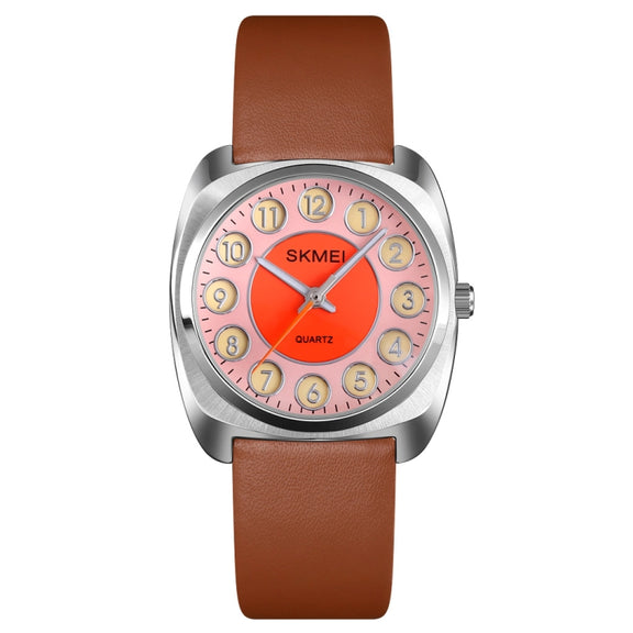 SKMEI Q029 Ladies Phone Number Pattern Dial Leather Strap Quartz Watch(Orange)