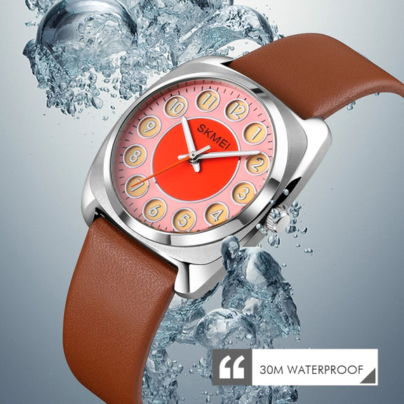 SKMEI Q029 Ladies Phone Number Pattern Dial Leather Strap Quartz Watch(Orange)
