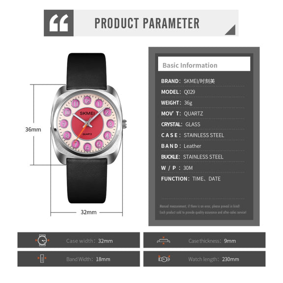 SKMEI Q029 Ladies Phone Number Pattern Dial Leather Strap Quartz Watch(Purple)