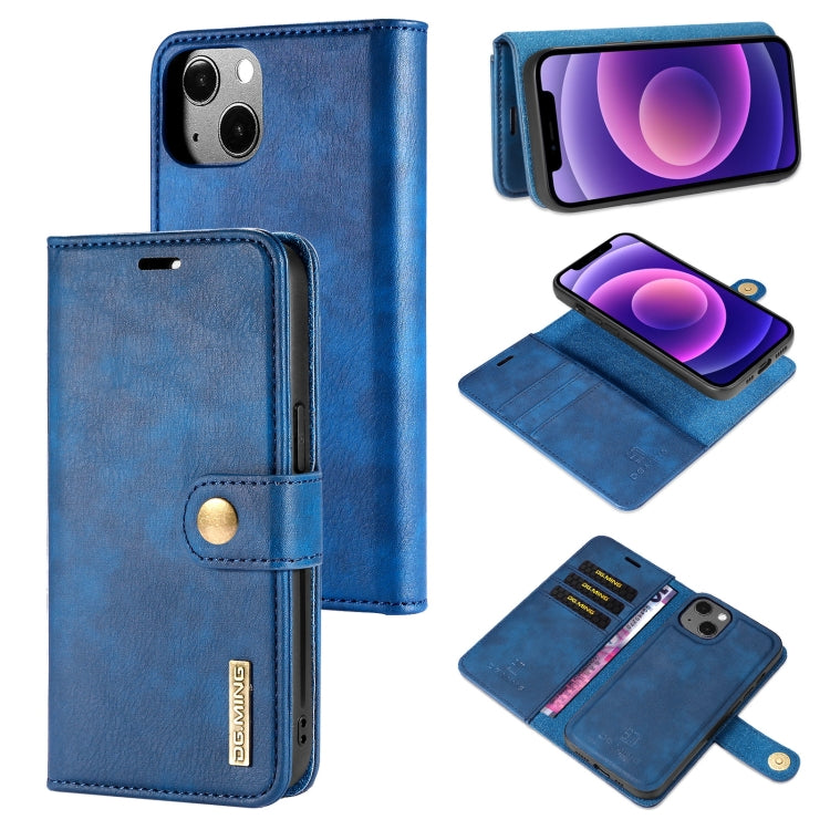 For iPhone 13 DG.MING Crazy Horse Texture Flip Detachable Magnetic Leather Case with Holder & Card Slots & Wallet(Blue)