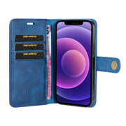 For iPhone 13 DG.MING Crazy Horse Texture Flip Detachable Magnetic Leather Case with Holder & Card Slots & Wallet(Blue)