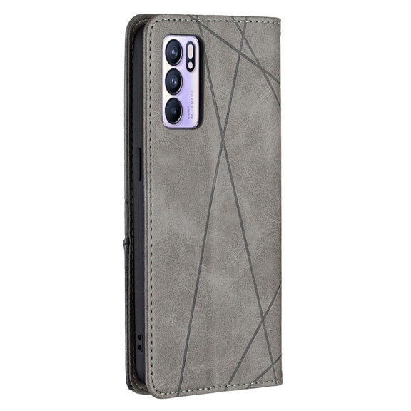 For OPPO Reno6 Rhombus Texture Horizontal Flip Magnetic Leather Case with Holder & Card Slots(Grey)