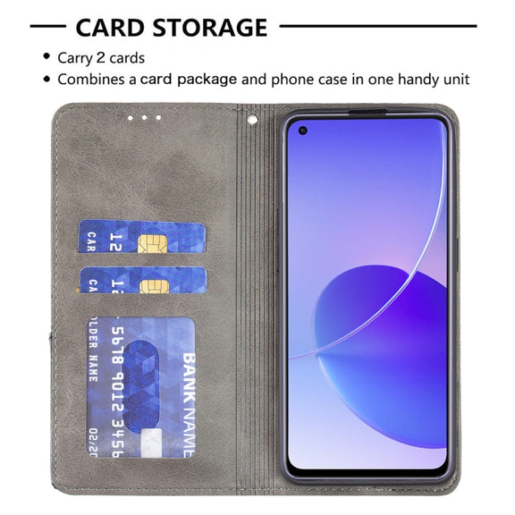 For OPPO Reno6 Rhombus Texture Horizontal Flip Magnetic Leather Case with Holder & Card Slots(Grey)