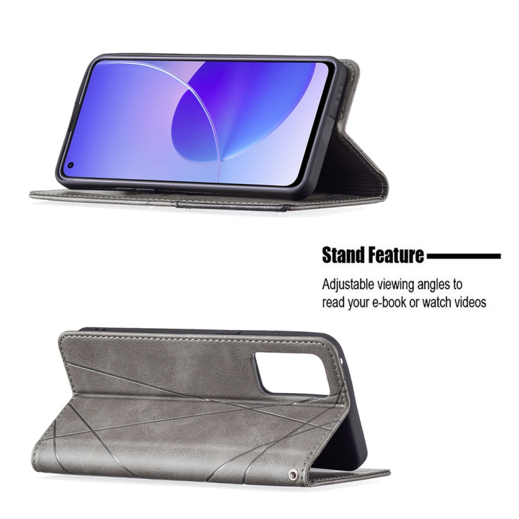 For OPPO Reno6 Rhombus Texture Horizontal Flip Magnetic Leather Case with Holder & Card Slots(Grey)