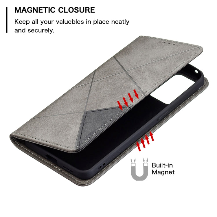 For OPPO Reno6 Rhombus Texture Horizontal Flip Magnetic Leather Case with Holder & Card Slots(Grey)