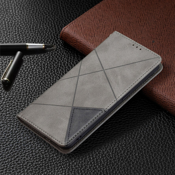 For OPPO Reno6 Rhombus Texture Horizontal Flip Magnetic Leather Case with Holder & Card Slots(Grey)