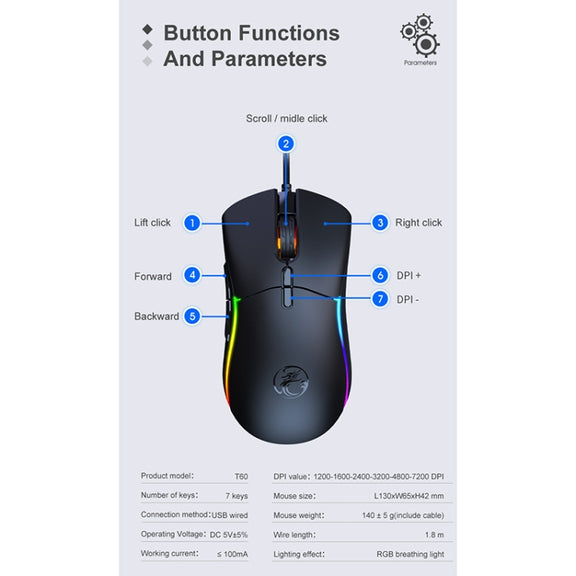 iMICE T60 7-key Custom Colorful Luminous Wired Honeycomb Gaming Mouse, Cable Length: 1.8m(Black)