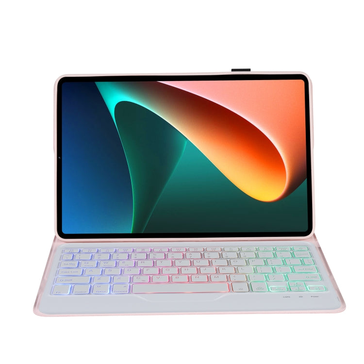 A0N5BS Ultra-thin Tri-color Backlight Detachable Lambskin Texture TPU Bluetooth Keyboard Leather Tablet Case with Holder For Xiaomi Pad 5 / 5 Pro(Pink)